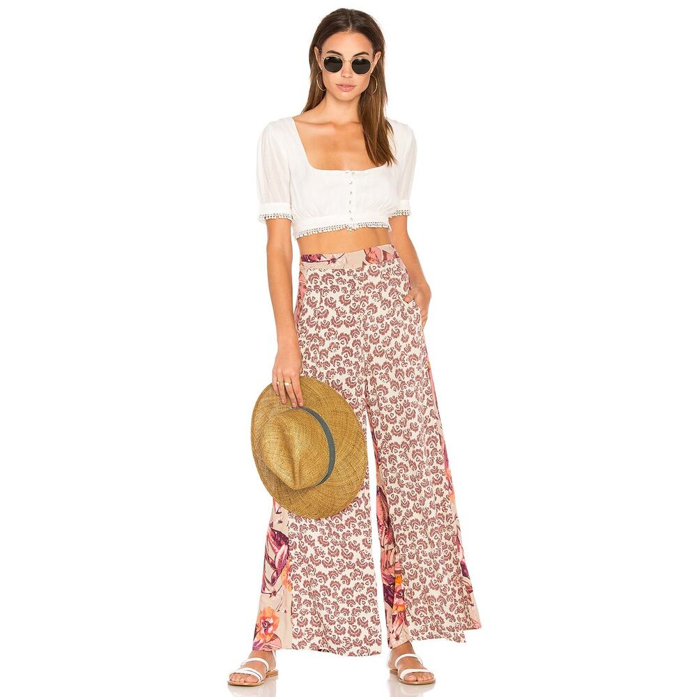 Free People Floral Wide-Leg Pants in Beige, Pink and Orange - Picture 2 of 13